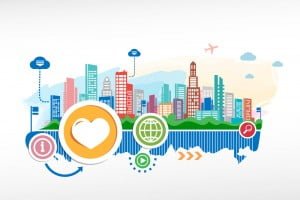 colorful graphic with cities and heart and glob