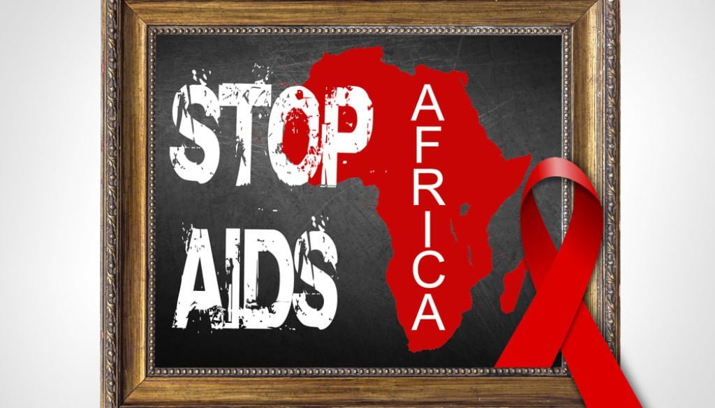 pictur frame with words stop aids africa, red ribbon, outline of africa