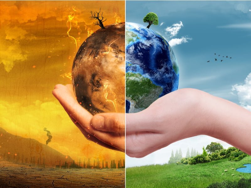 color illustration of a hand holding the earth and nature in the background. one half of the illustration shows blue skies and lush green landscape. the other side shows orange skies, dying trees, and fire.