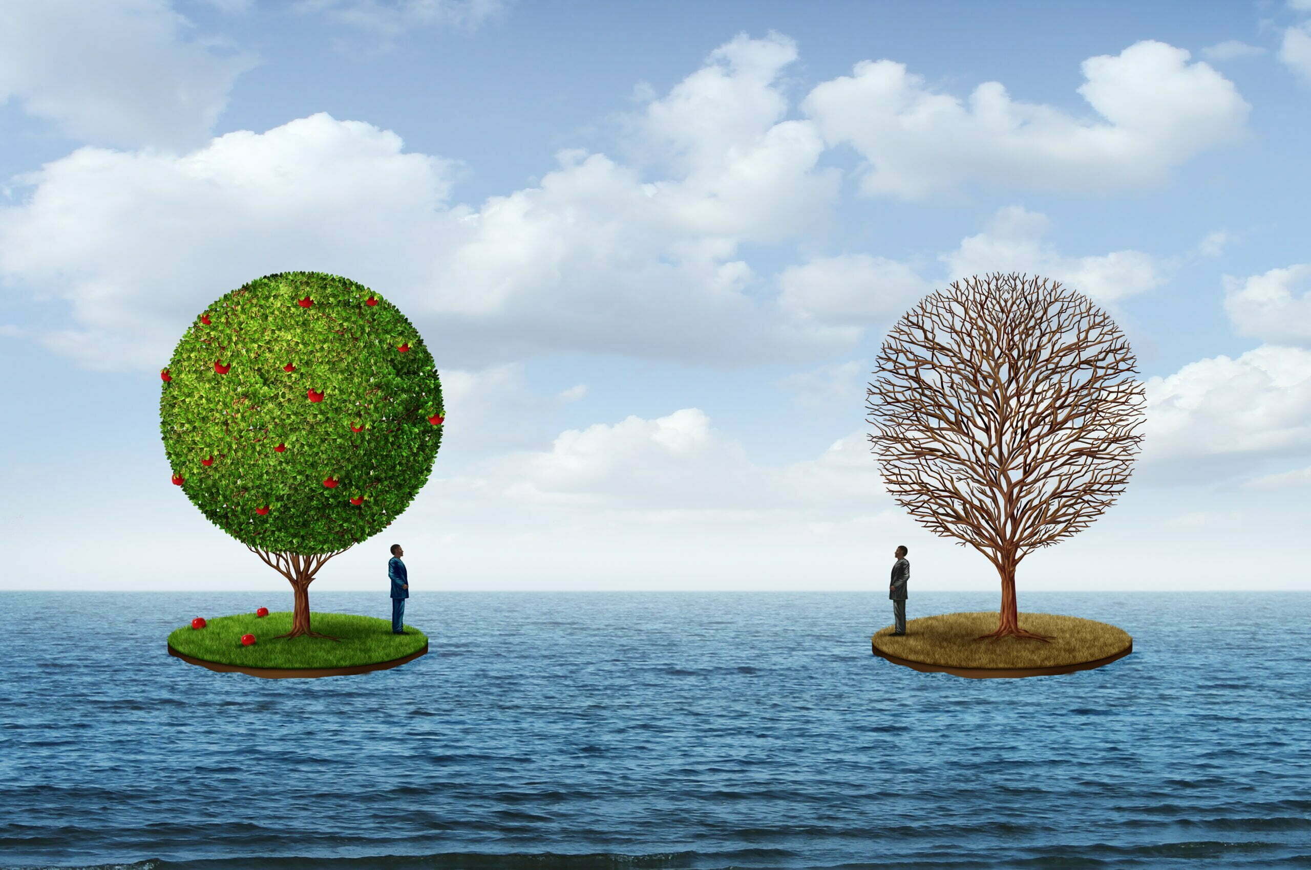illustration of two islands, each with a tree and a man standing on the island. one tree is lush and green. the other tree is brown and barren.