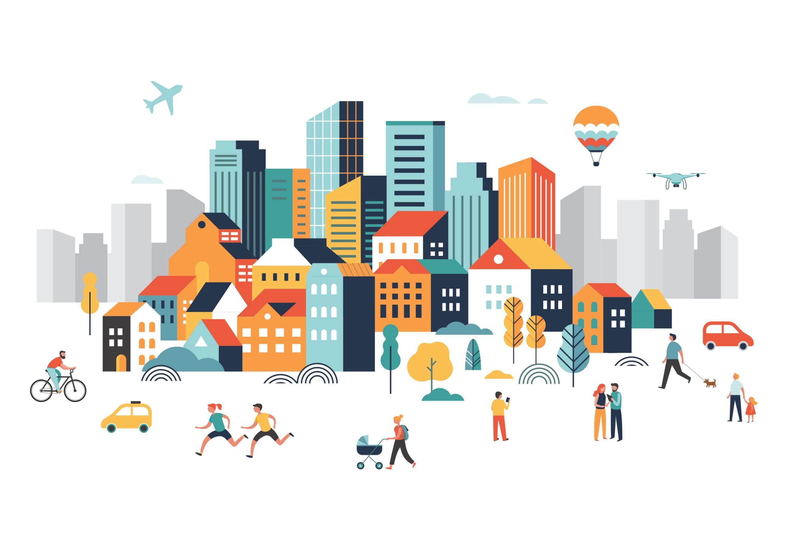 colorful illustration of a vibrant city with people walking, biking, and buildings and trees.