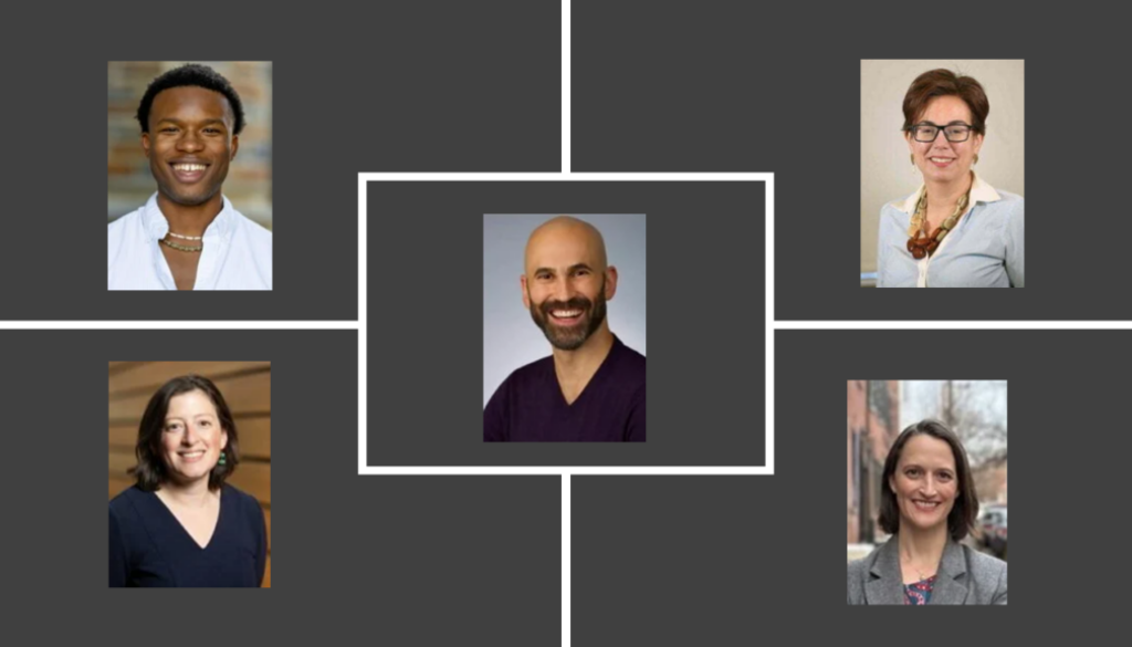 five color headshots of smiling people in gray graphic blocks.