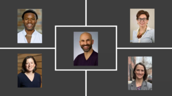 five color headshots of smiling people in gray graphic blocks.