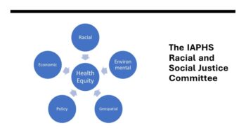 text reads the iaphs racial and social justice committee. graphic to the left is a series of blue circles that connect in the shape of a flower. the shapes read racial, economic, environmental, racial, geospatial, policy, and health equity