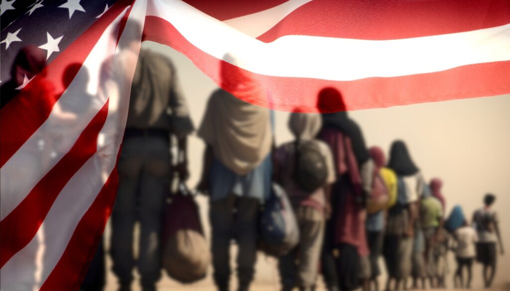 A,Group,Of,Migrants,And,Flag,Of,Usa